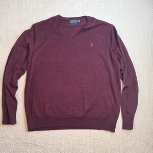 Polo Ralph Lauren XXL Burgundy Washable Merino Wool V-Neck Sweater Mens Classic‎